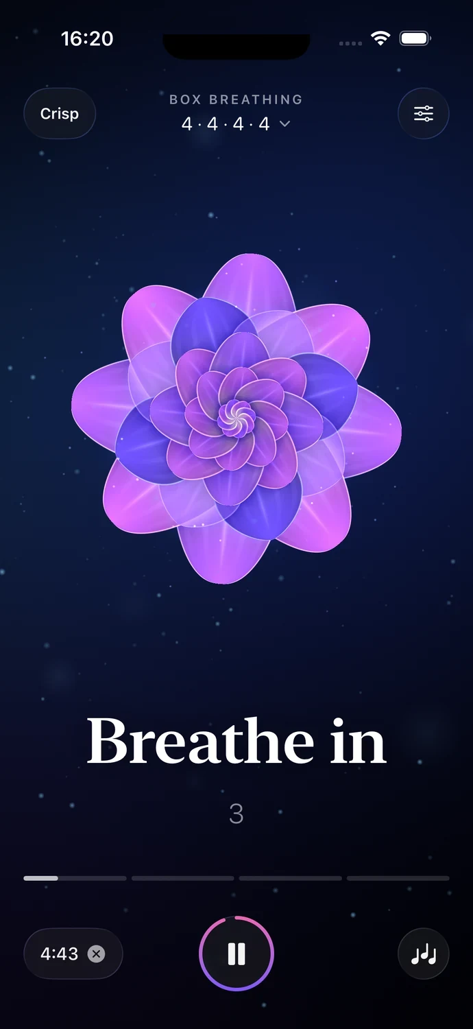 The breathing screen in the Crisp world: Box breathing, breathe in, with the time left, pause and sound below.
