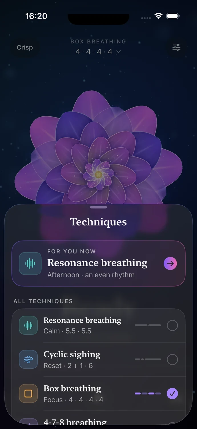 The techniques list over the flower: a suggestion for now, then Resonance breathing, cyclic sighing and box breathing, each with its rhythm.