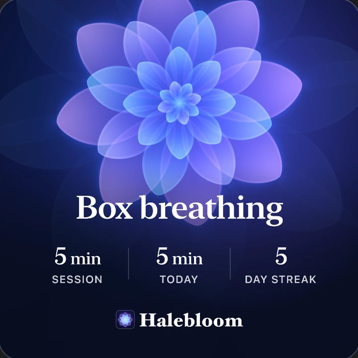 The flower card: Box breathing, a five-minute session, five minutes today, a five-day streak.
